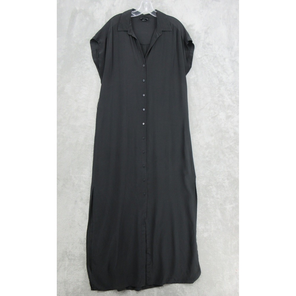 Club Monaco Shirt Dress Womens Size 12 Silk Maxi Button Front Quiet Luxury Black